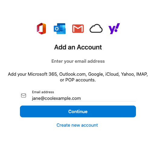 Voeg een account toe, voer een e -mailadres in en ga door